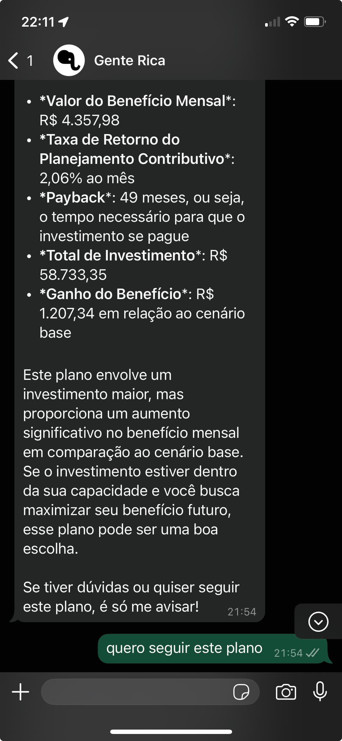 Exemplo de conversa da Rica no WhatsApp