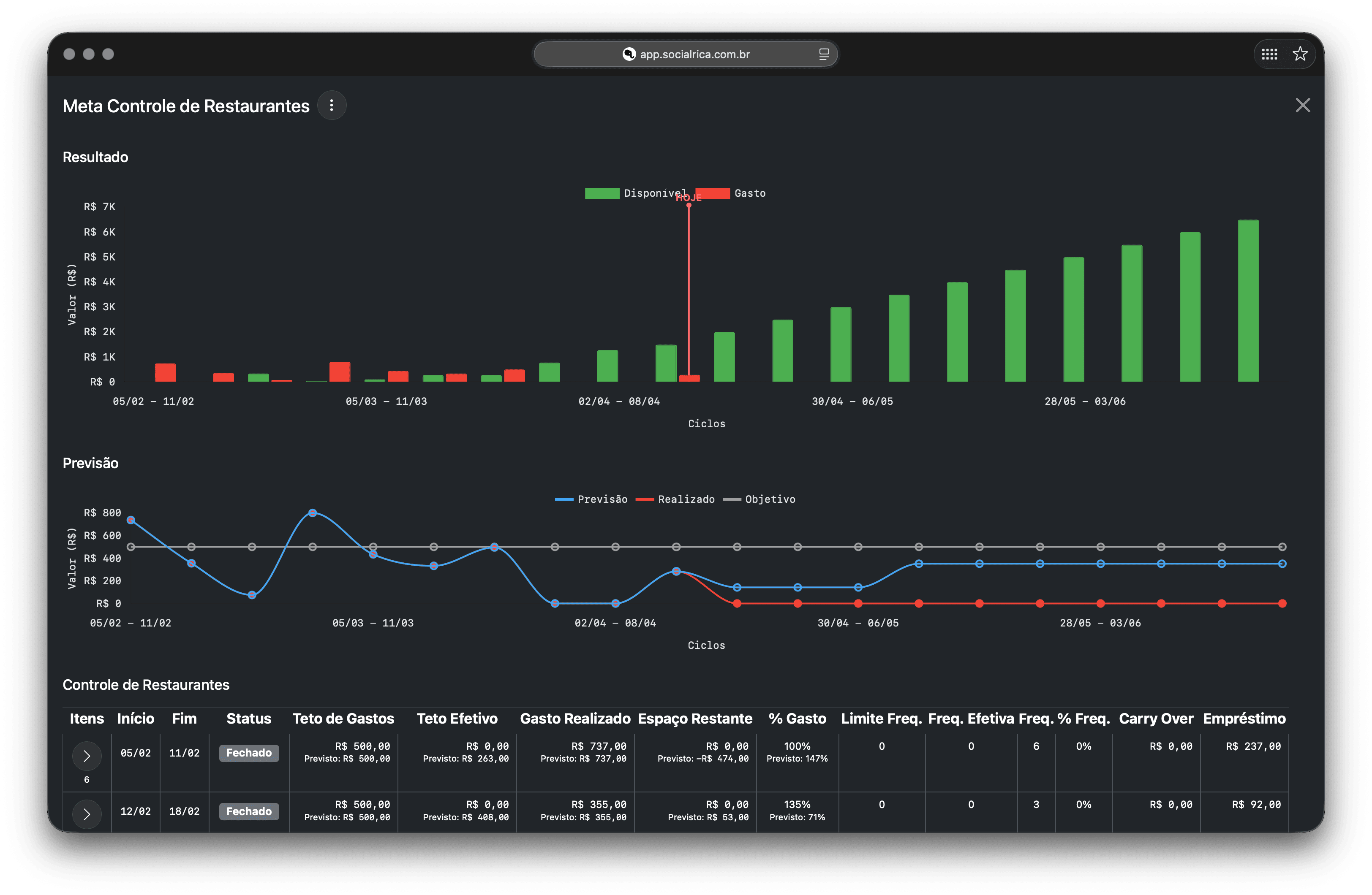 Rica — ciclos de meta com gráficos de resultado e previsão