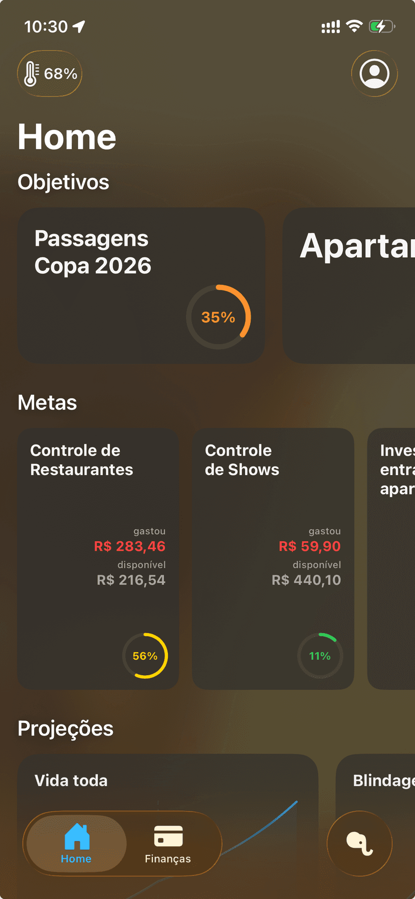 App Rica para iOS — home com objetivos, metas e temperatura