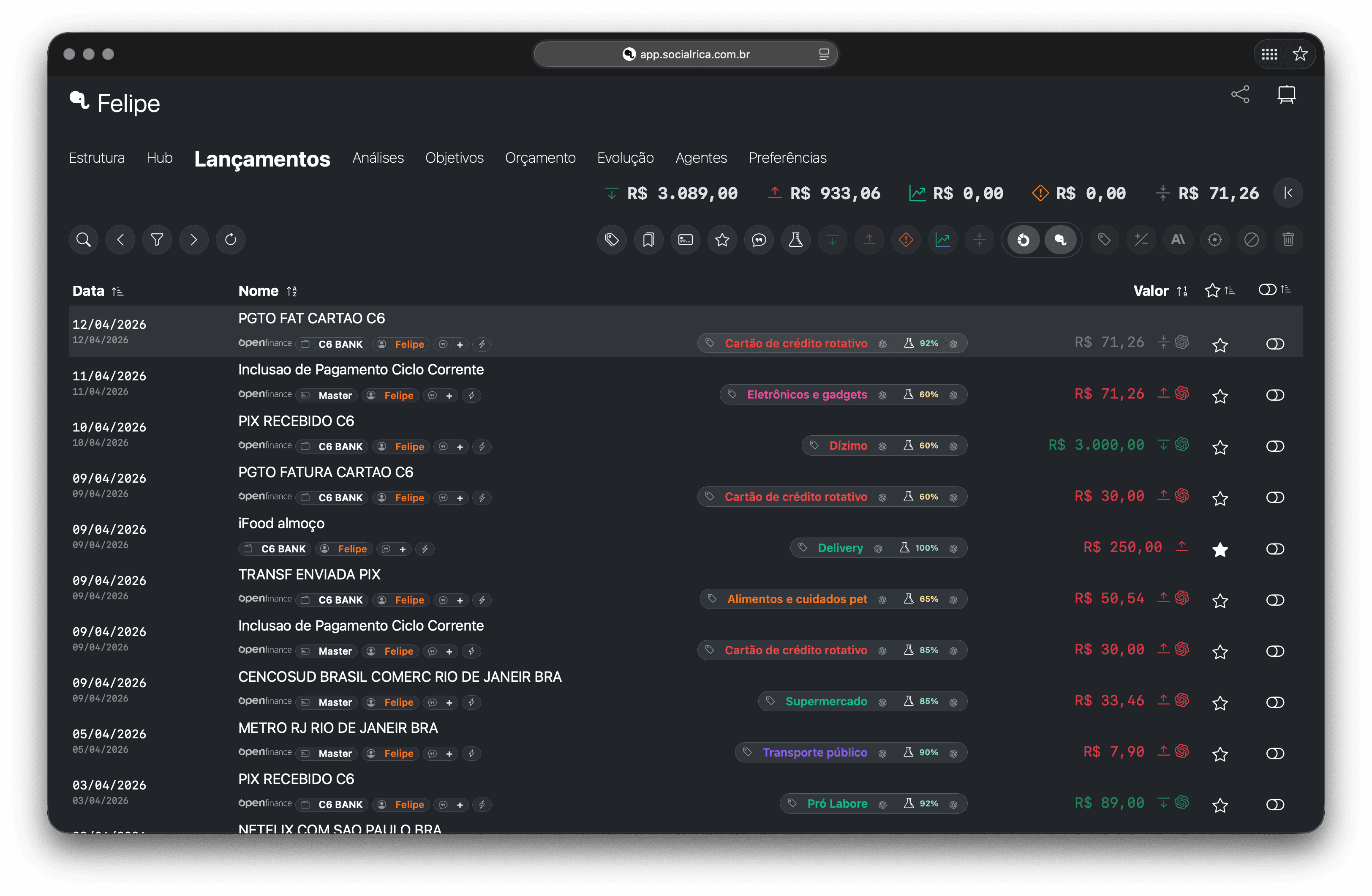 Rica — lançamentos categorizados automaticamente