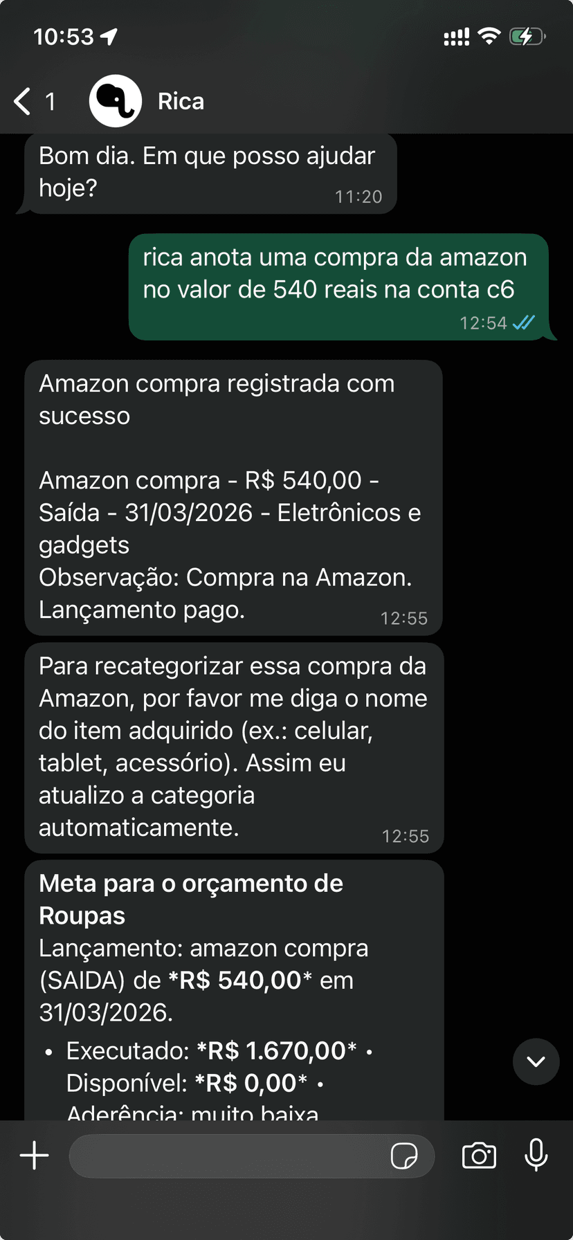 Rica no WhatsApp — registro de gasto por linguagem natural com categorização e aderência